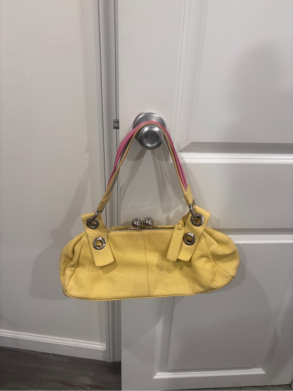 Yellow Leather Shoulder Bag with Pink Accent Straps